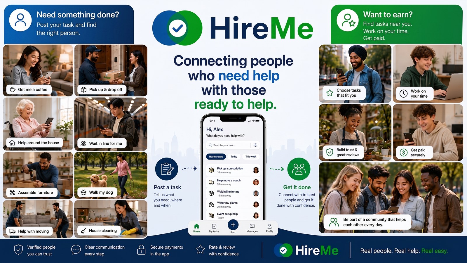 HireMe overview: post a task, get matched with trusted people nearby, and get it done — with verified people, clear communication, secure payments, and reviews