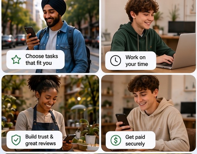 Earning on HireMe: choose tasks that fit you, work on your time, build trust and great reviews, and get paid securely