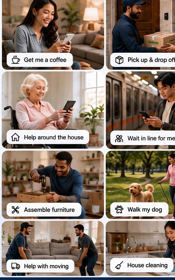 People getting everyday tasks done with HireMe — coffee runs, deliveries, help around the house, dog walking, furniture assembly, moving and cleaning